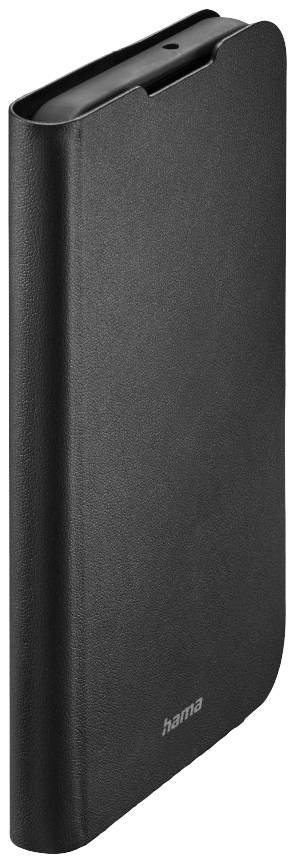 Schwarzes Smartphone-Flipcover mit 'hama'-Logo; schützt das Gerät, bietet elegantes Design.