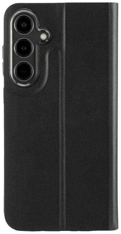 Schwarze Handyhülle aus Lederoptik mit Aussparung für drei Kameralinsen, seitlich angebracht.