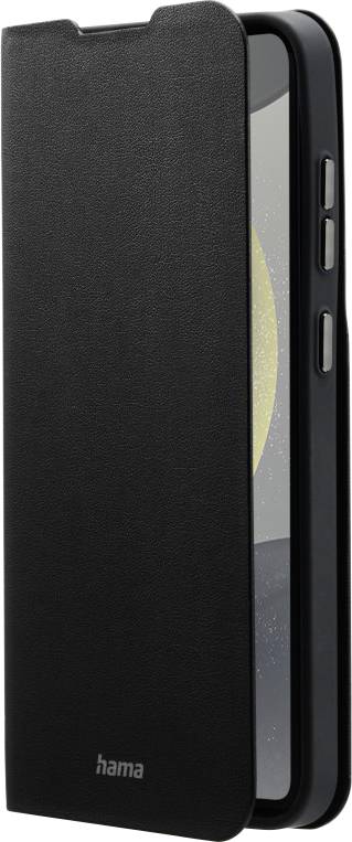 Schwarzes Smartphone-Flipcase von Hama mit geöffnetem Cover, zeigt die seitlichen Knöpfe des Smartphones.