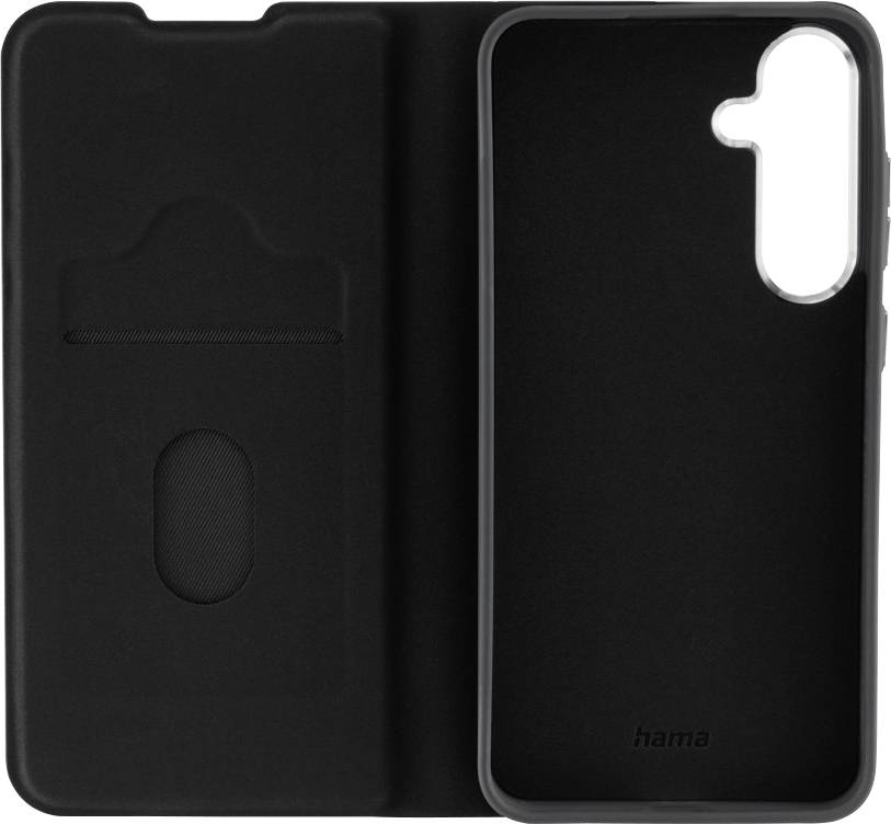 Schwarze Smartphone-Hülle mit Klappfunktion, links eine Schlitztasche für Karten, rechts ein Fach für das Gerät.