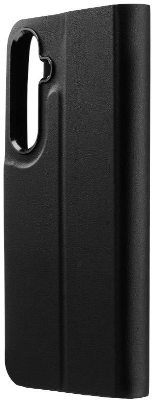 Schwarze Handyhülle, stehend, mit Aussparung für Kameraobjektiv, hergestellt aus glattem Material, seitliche Ansicht.