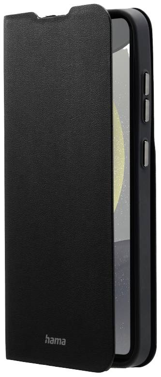 Schwarzes Smartphone-Flip-Case von Hama, geöffnet, zeigt ein Smartphone mit Bildschirm nach innen. Case hat Knöpfe an der Seite.