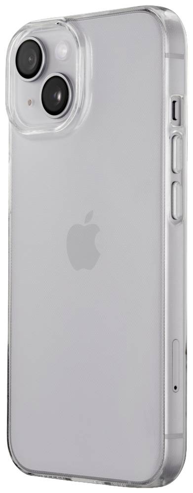 Ein transparentes Handyhülle zeigt die Rückseite eines Smartphones mit zwei großen Kameralinsen und einem Apple-Logo.
