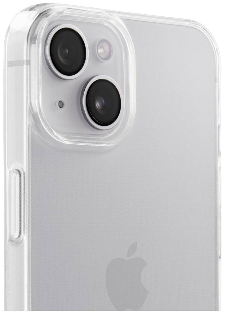 Ein Smartphone in einer transparenten Hülle mit zwei Kameralinsen und einem Blitz auf der Rückseite. Das Apple-Logo ist sichtbar.