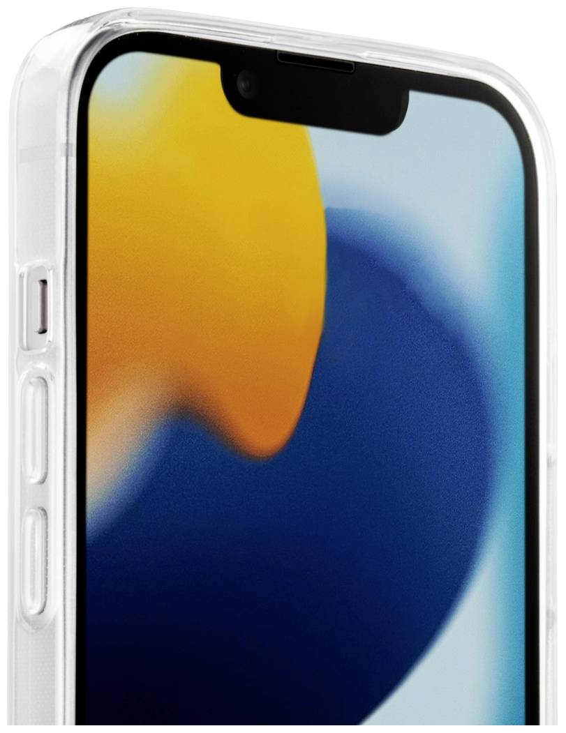 Nahaufnahme eines Smartphones in einer klaren Hülle, zeigt Bildschirm mit abstraktem Hintergrund in Blau- und Orangetönen.