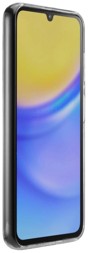 Smartphone mit abgerundeten Kanten und Display, das einen blauen und gelben Farbverlauf zeigt, in einem schwarzen Gehäuse.