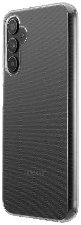 Transparente Handyhülle schützend auf einem Samsung-Smartphone mit drei Kameralinsen gezeigt.