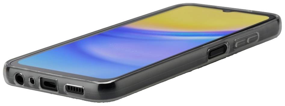 Smartphone in einer Schutzhülle liegt auf der Seite. Auf dem Bildschirm ist ein abstraktes, farbenfrohes Design zu sehen.