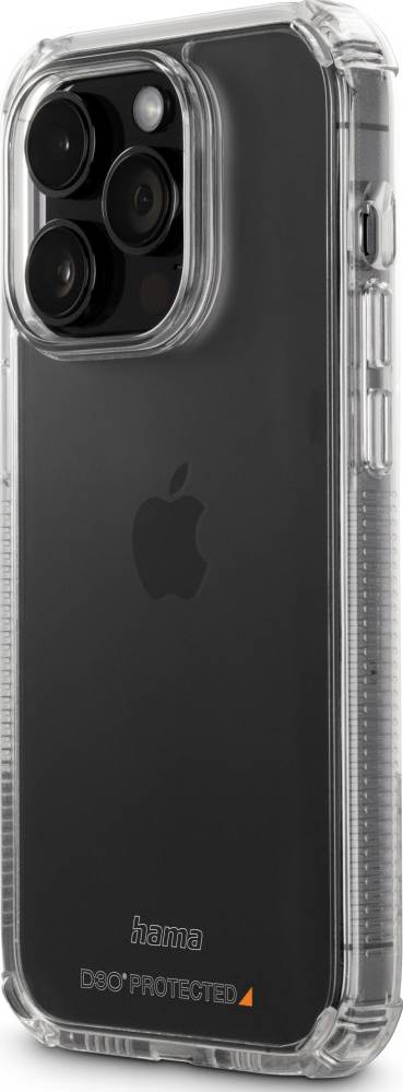 Ein schwarzes Smartphone mit drei Kameralinsen in einer transparenten Schutzhülle mit der Aufschrift '360° PROTECTED'.