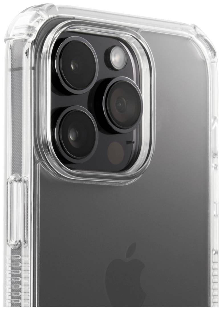 Nahaufnahme eines Smartphones in einer transparenten Schutzhülle. Die Kameralinsen sind sichtbar, ebenso das Apple-Logo auf der Rückseite.