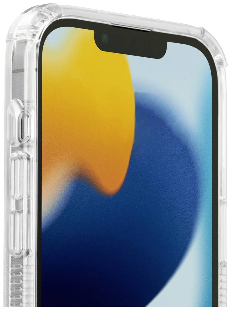 Smartphone in transparenter Hülle, Vorderseite zeigt buntes Design auf dem Bildschirm, betont die Robustheit und Ästhetik des Gehäuses.