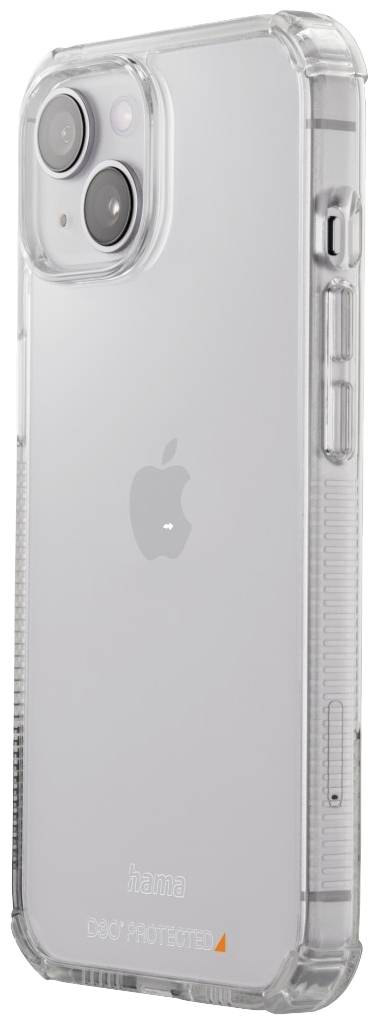 Klares Smartphone-Gehäuse zeigt ein weißes Handy mit sichtbarem Apple-Logo und doppelkamera-Oberteil, schützend umhüllt.