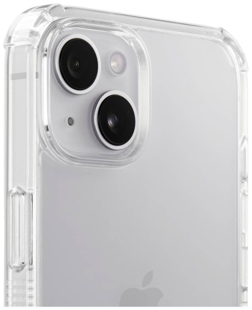 Eine Nahaufnahme eines Smartphones in einer transparenten Hülle, die die Kameraobjektive und die glatte Rückseite zeigt.