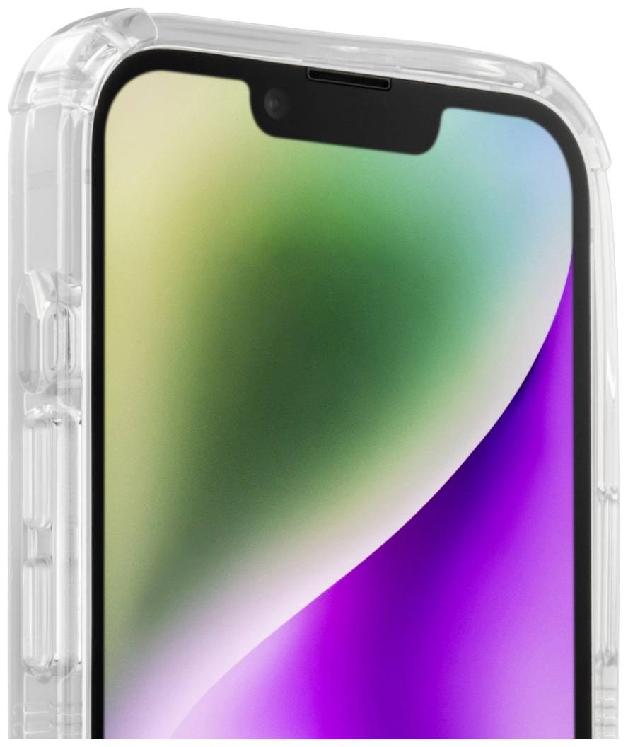 Eine Nahaufnahme eines Smartphones mit transparentem Schutzgehäuse, das bunte Lichtreflexionen auf dem Bildschirm zeigt.