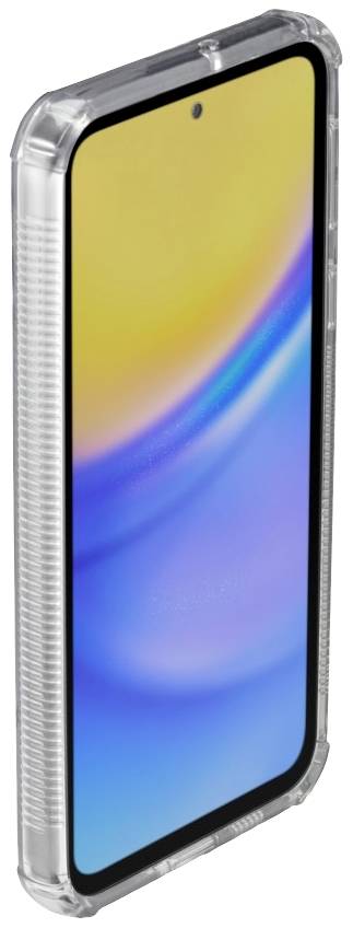 Ein Smartphone mit gelbem und blauem Bildschirminhalt, umgeben von einer transparenten Schutzhülle.