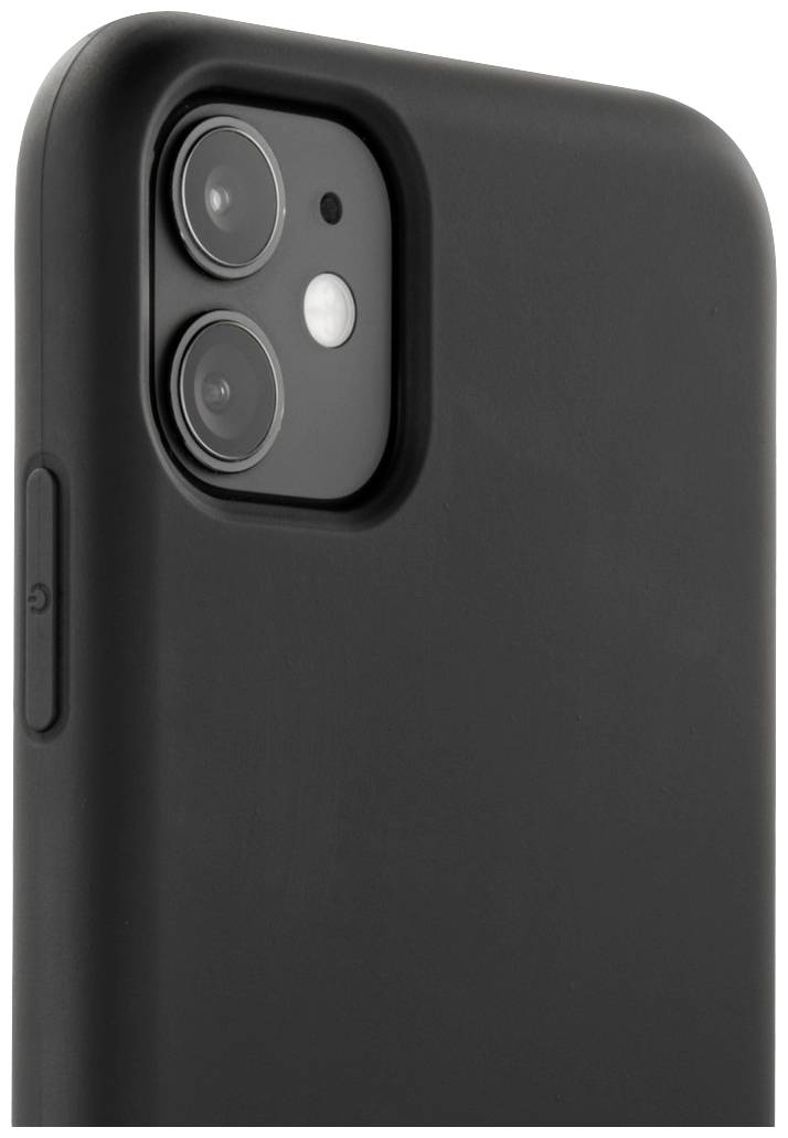 Schwarzes Smartphone mit Hülle, Rückseite mit zwei Kameralinsen und Blitz sichtbar.