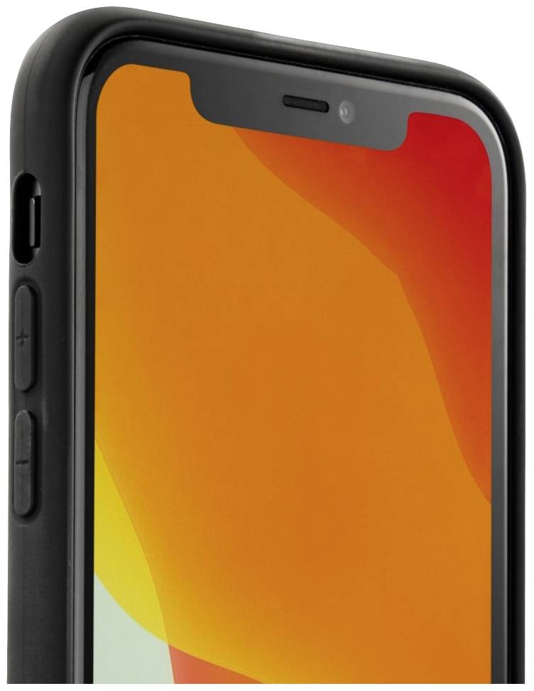 Ein schwarzes Smartphone in Nahaufnahme, das Display zeigt helle orange und gelbe Farben. Seitenansicht, Knöpfe sichtbar.