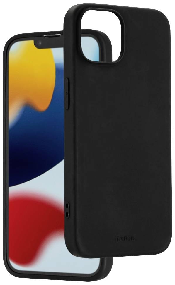 Schwarzes Handyhülle neben einem Smartphone mit buntem Bildschirm, das in einem Muster aus Rot, Blau, Gelb und Weiß leuchtet.