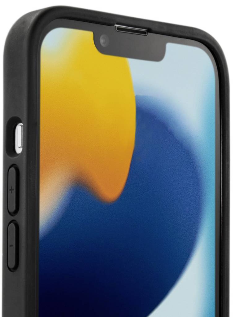 Smartphone mit schwarzem Rand, zeigt ein farbenfrohes Hintergrundbild in Gelb, Orange und Blau. Links sind Lautstärketasten sicht.