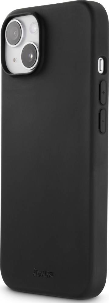 Schwarze Smartphone-Schutzhülle mit Kameraaussparung, seitlicher Tastenabdeckung und glatter Oberfläche, stehend abgebildet.