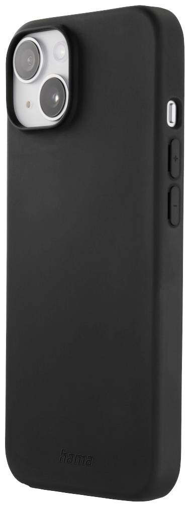 Eine schwarze Smartphone-Hülle mit Kameraausschnitt und seitlichen Tasten für Lautstärkeregelung.