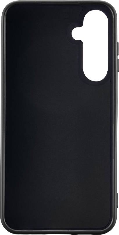 Schwarze Smartphone-Hülle mit Aussparung für Kamera und Tasten auf der rechten Seite. Schlichtes, glattes Design.