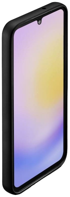 Smartphone mit schwarzer Hülle, Display zeigt einen bunten Farbverlauf von Lila zu Gelb.