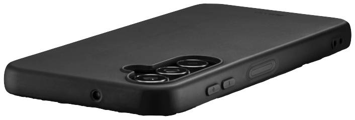 Ein schwarzes Smartphone mit drei Kameralinsen und seitlichen Tasten liegt flach auf einer Oberfläche.
