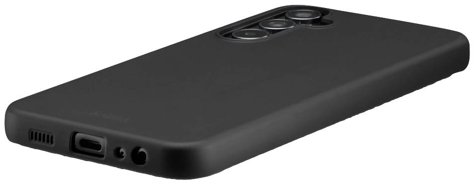 Schwarzes Smartphone-Hülle mit Aussparungen für Kamera und Anschlüsse. Zeigt Rückseite und Unterseite des Telefons.