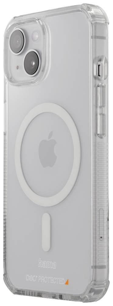 Ein silberfarbenes Smartphone mit durchsichtigem Gehäuse, das ein markantes kreisförmiges Muster und das Apfel-Logo auf der Rückseite zeigt.