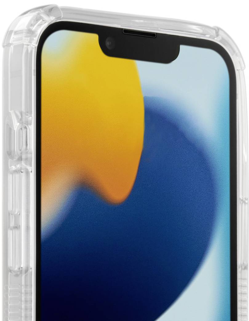 Smartphone in transparenter Hülle, teils bunter Hintergrund auf dem Display.