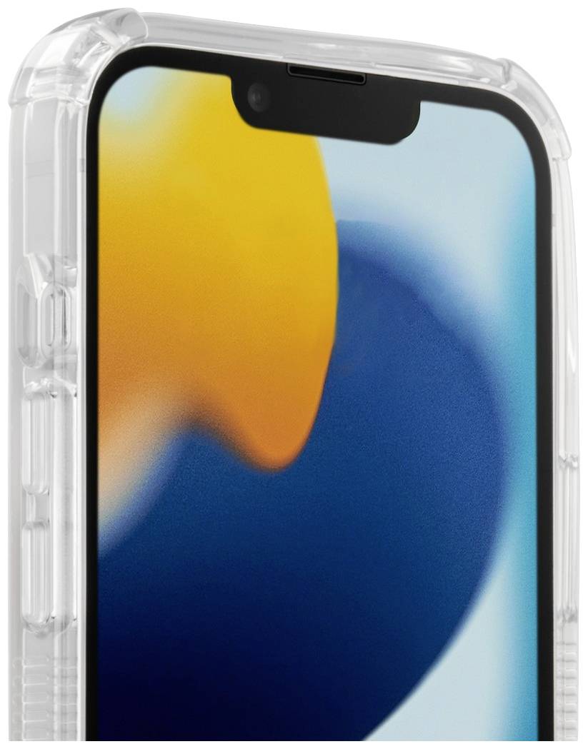 Nahaufnahme eines Smartphones mit transparentem Gehäuse, bunter Bildschirm im Hintergrund.