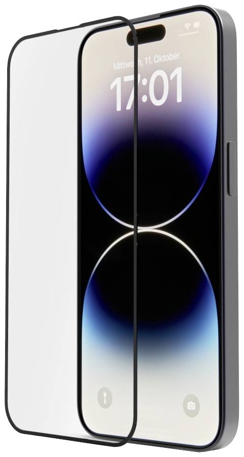 Smartphone mit gesperrtem Bildschirm, zeigt Uhrzeit und Datum 'Mittwoch, 11. Oktober 17:01', umgeben von Schutzfolie.