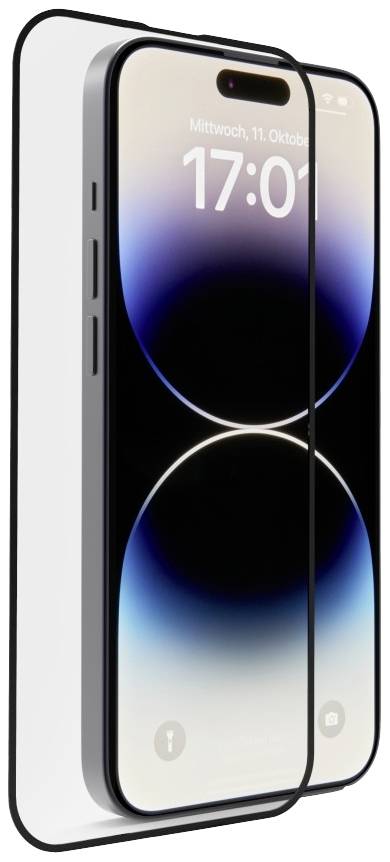 Smartphonebildschirm mit Schutzglas. Auf dem Display wird 'Mittwoch, 11. Oktober, 17:01' angezeigt.