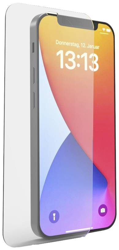 Ein Smartphone mit einem farbigen Bildschirm zeigt Datum 'Donnerstag, 12. Januar' und Uhrzeit '13:13'. Ein Displayschutz ist angebracht.