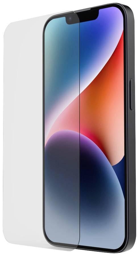 Smartphone mit einem farbenfrohen Display und einer Schutzfolie im Vordergrund. Die Schutzfolie ist leicht nach links gekippt.