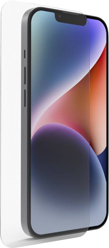 Ein modernes Smartphone mit großem Display zeigt ein abstraktes, farbenfrohes Hintergrundbild in Blau- und Rottönen.