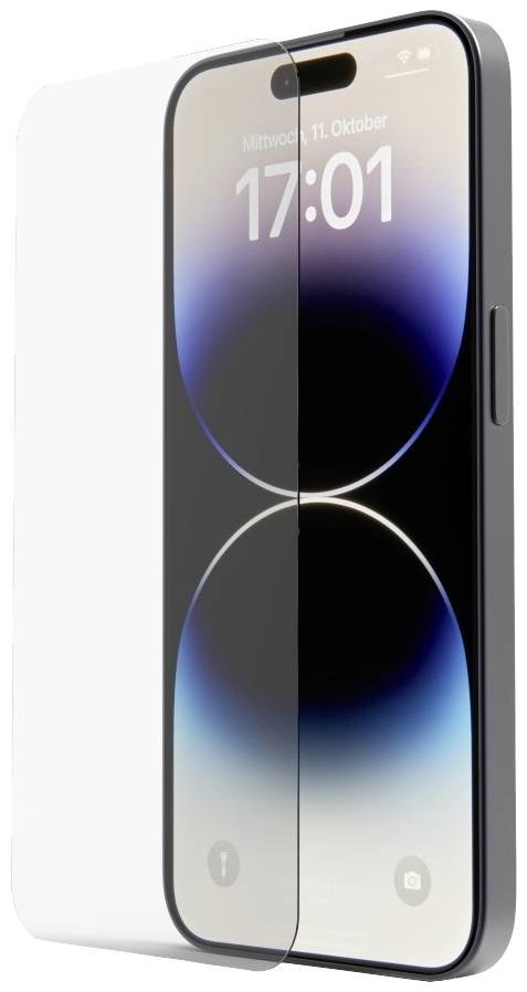 Smartphone mit abgerundetem Display zeigt Sperrbildschirm mit Uhrzeit '17:01' am Mittwoch, 11. Oktober. Transparentes Schutzglas aufgebracht.
