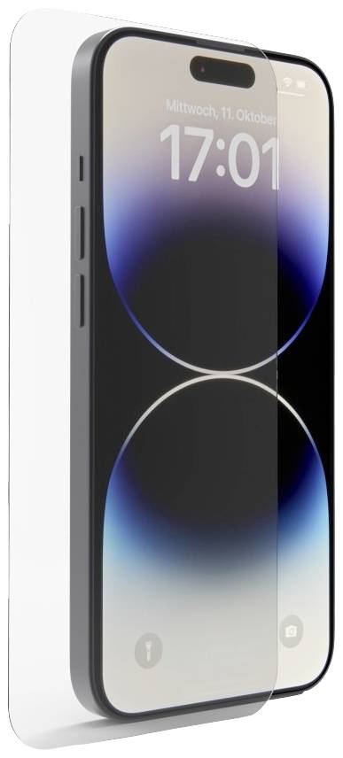 Smartphone mit Displayschutz, zeigt Uhrzeit '17:01' am 'Mittwoch, 11. Oktober'. Bildschirmhintergrund mit abstraktem Muster in Blau und Schwarz.