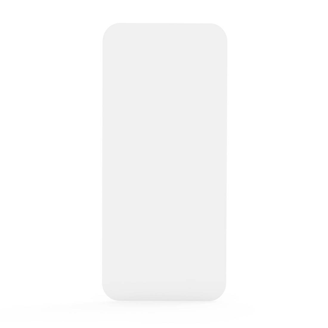 Weißes Smartphone mit abgerundeten Ecken, aufrecht stehend und frontal abgebildet, Bildschirm ausgeschaltet.