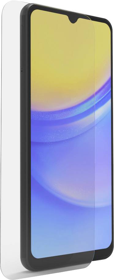 Smartphone mit blau-gelbem Display und transparentem Bildschirm-Schutzglas, seitlich leicht angewinkelt gezeigt.