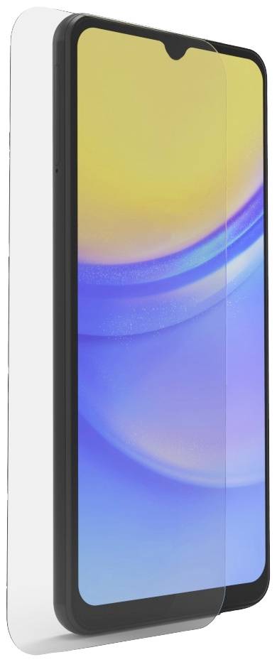 Smartphone mit transparentem Displayschutz, gelbes und blaues Hintergrundbild auf dem Bildschirm.