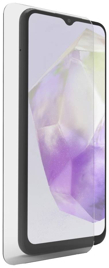 Ein Smartphone mit einem transparenten Displayschutz, das ein farbiges, abstraktes Hintergrundbild zeigt.