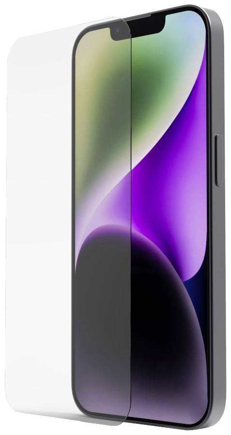 Smartphone mit Bildschirm, der halb durch eine klare Schutzfolie bedeckt ist. Hintergrund zeigt Farbverlauf von Grün zu Lila.