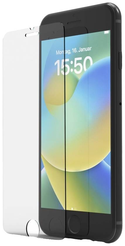 Smartphone mit bunter Benutzeroberfläche, zusammen mit einer transparenten Displayschutzfolie, die schützend darauf platziert wird.