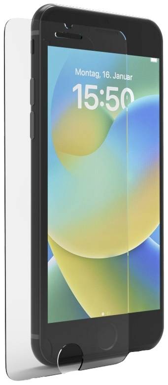 Smartphone mit Uhrzeit '15:50', Datum 'Montag, 16. Januar' auf Display, umrandet von einer Schutzfolie.