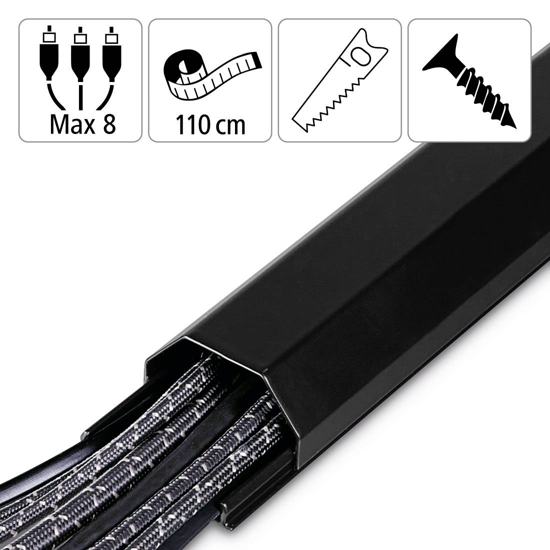 Kabelkanal, schwarz, mit geöffnetem Schlitzdesign, hält bis zu 8 Kabel, 110 cm lang; einfache Installation mit Schrauben.