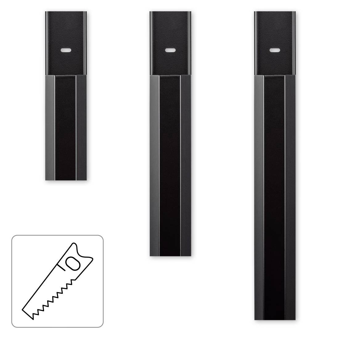 Drei schwarze Tischbeinverlängerungen in verschiedenen Längen, neben einer Säge-Ikone. Geeignet für höhenverstellbare Tische.