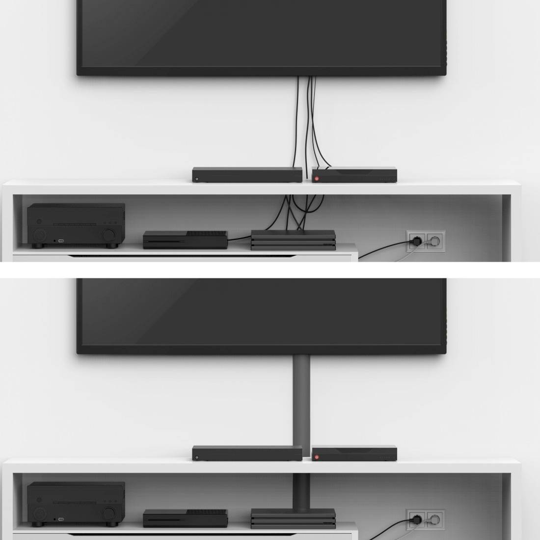 Zwei Bilder eines Wandregals mit Elektronikgeräten. Im oberen Bild hängen Kabel sichtbar herunter, im unteren Bild sind die Kabel geordnet und versteckt.