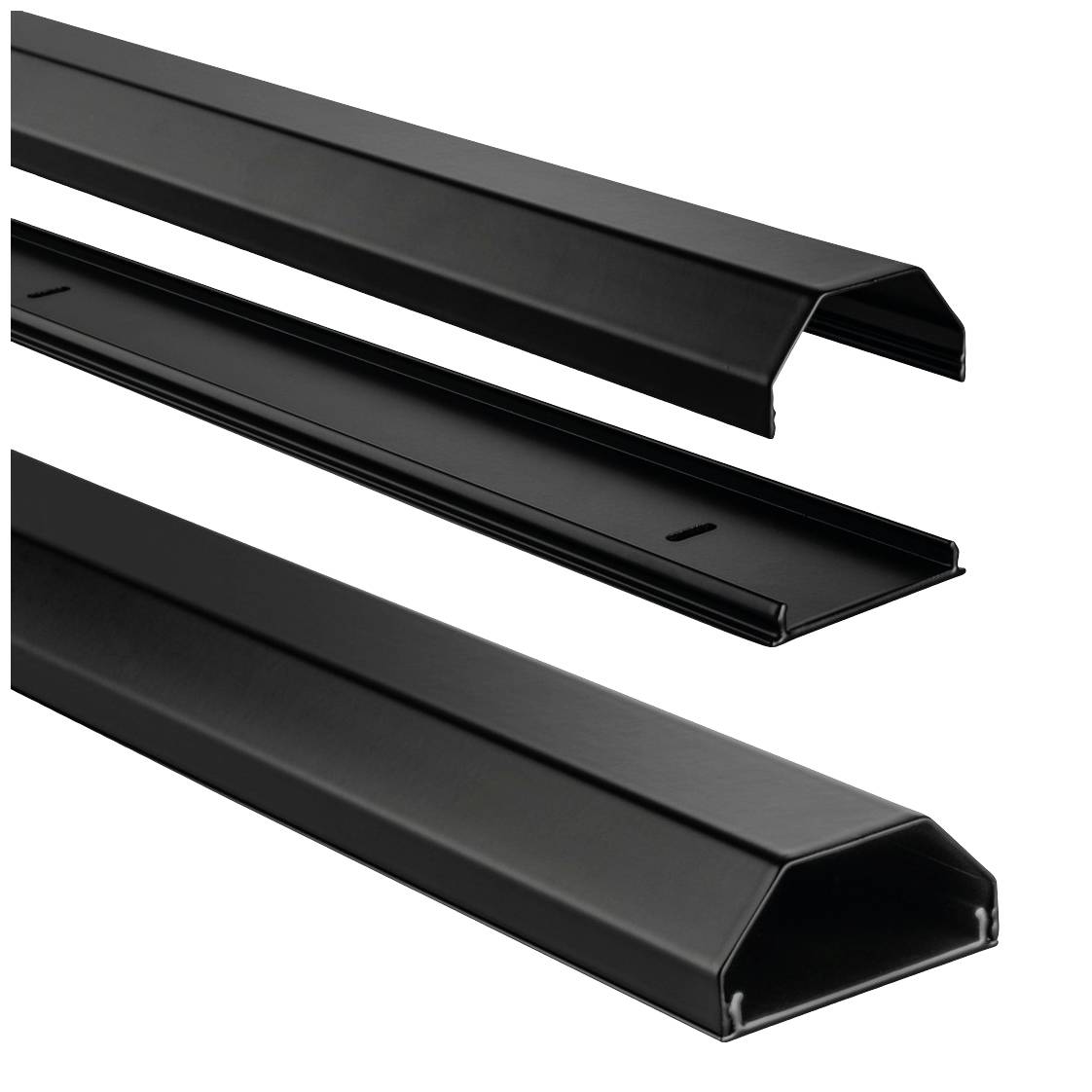 Drei schwarze Metallprofile in verschiedenen Ansichten, mit trapezförmigem Querschnitt, wahrscheinlich für Konstruktionen oder Montage.